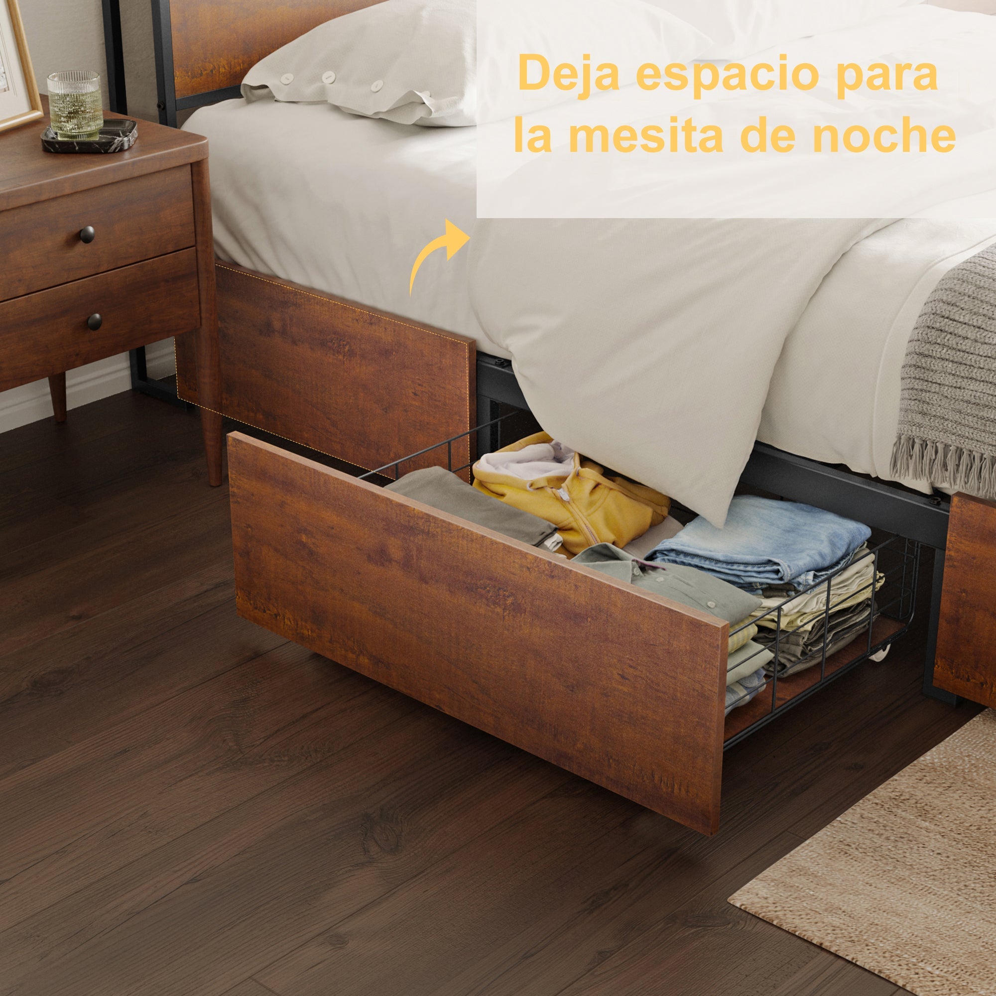 Base de Cama de Madera con Gavetas y Toma Corriente