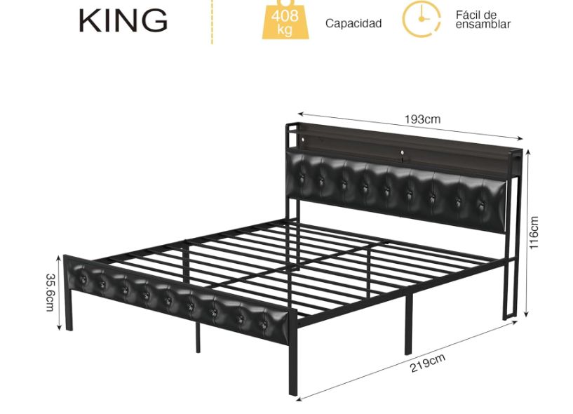 Base de Cama King Size con Cabecera de Almacenamiento