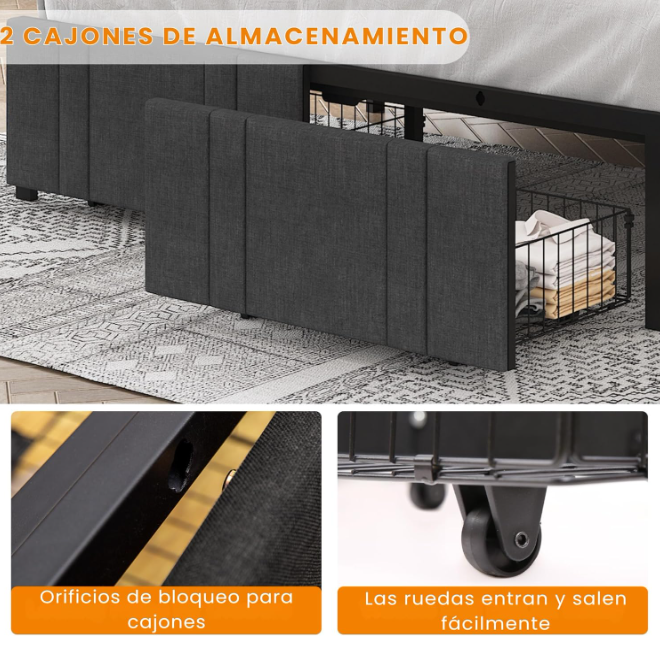 Base y Cabecera Acolchada de Cama Queen Size con 2 cajones Frontales