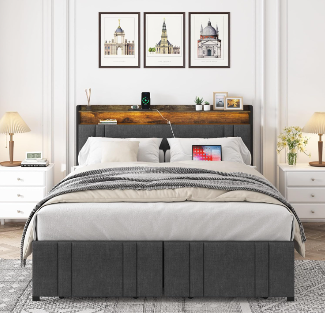 Base y Cabecera Acolchada de Cama Queen Size con 2 cajones Frontales