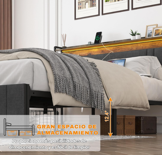 Base y Cabecera Acolchada de Cama Queen Size con 2 cajones Frontales