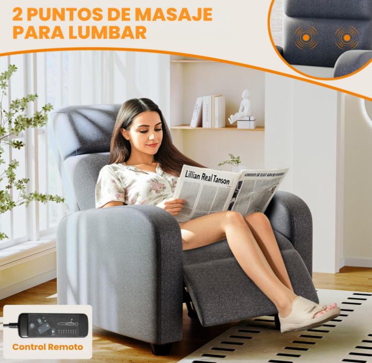 Sillón Gris Individual Reclinable con 8 Modos de Masaje con Soporte Lumbar