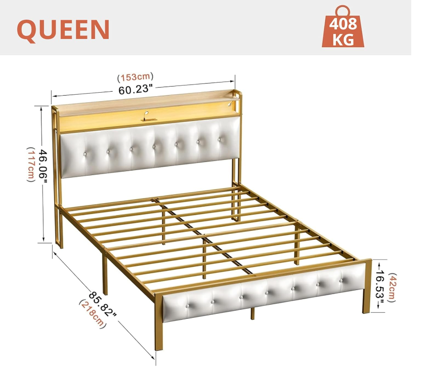 Base y Cabecera de Cama Queen Size con Luces Led 2 Salidas de CA y 2 USB