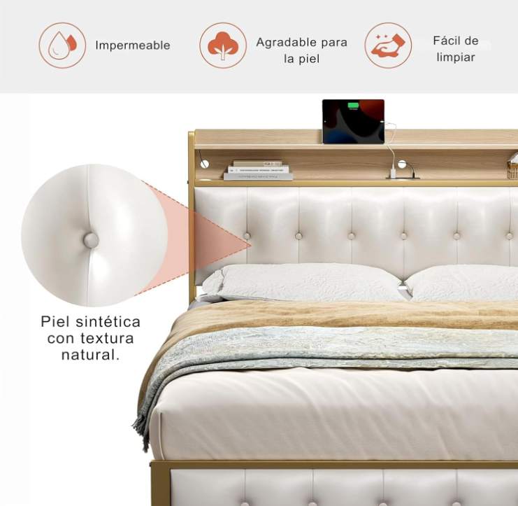 Base y Cabecera de Cama Queen Size con Luces Led 2 Salidas de CA y 2 USB