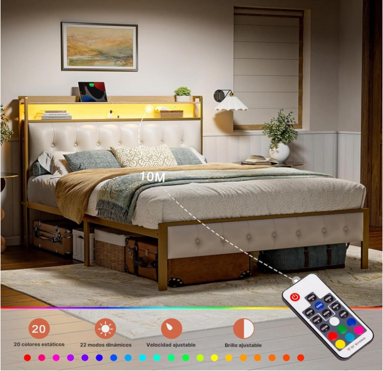 Base y Cabecera de Cama Queen Size con Luces Led 2 Salidas de CA y 2 USB