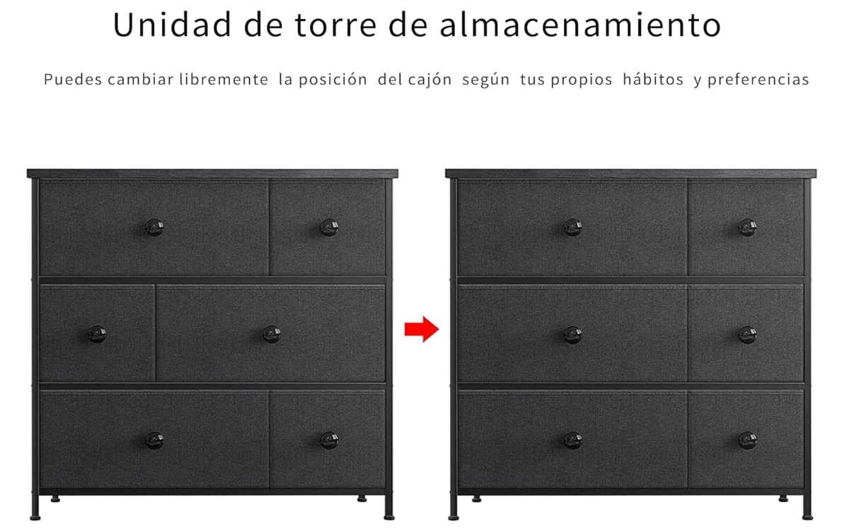 Cómoda Cajonera Negro para Recámara de 6 Cajones de Tela con Parte Superior de Madera