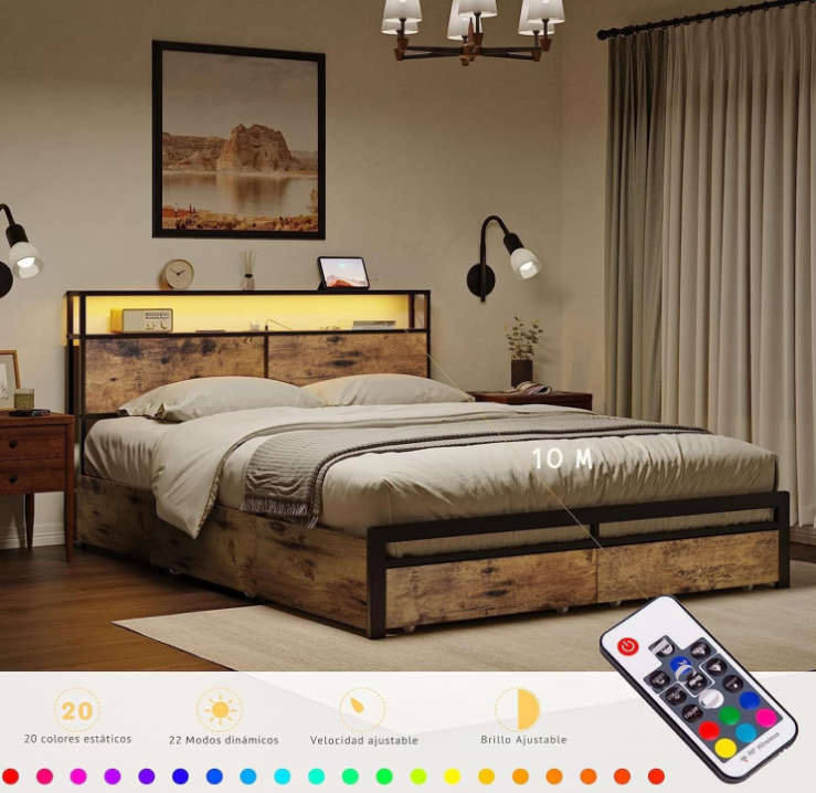 Base y Cabecera de Cama Matrimonial con 4 Cajones de Almacenamiento con Luces LED