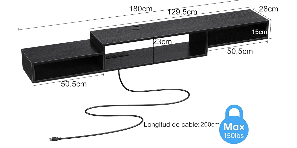 Repisa Flotante de Pared con 4 Enchufes para TV 70" y Luz Led