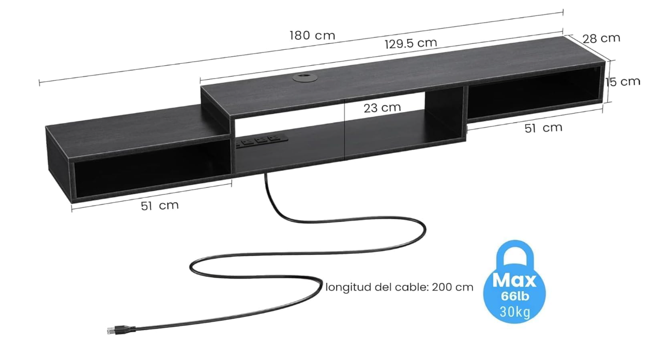 Repisa Negra Flotante de Pared para TV 70" con 4 Enchufes y Estante Multimedia