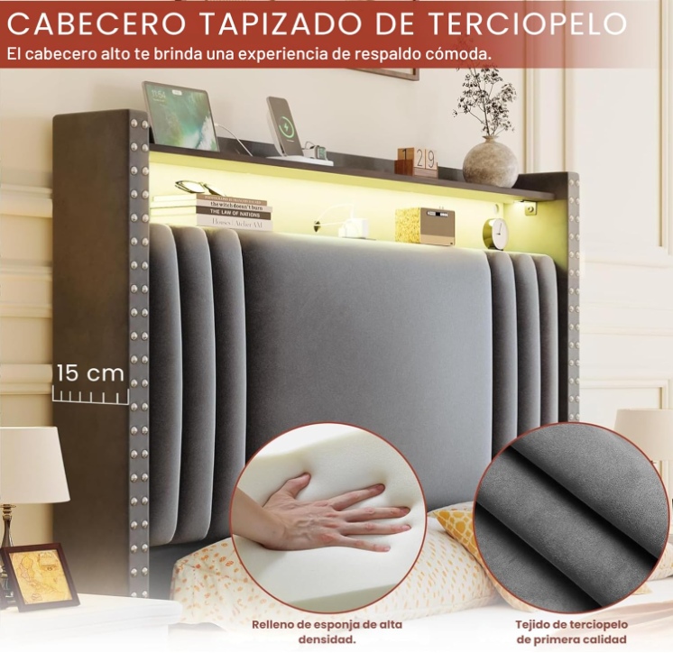 Base de Cama Queen Size con Cabecera Tapizada De Terciopelo Gris y Luz LED  con Estación De Carga