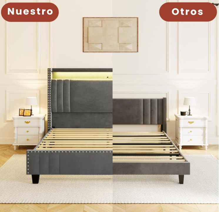 Base de Cama Queen Size con Cabecera Tapizada De Terciopelo Gris y Luz LED  con Estación De Carga