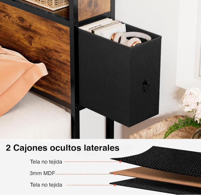 Base de Cama  y Cabecera Matrimonial con 2 Cajones, Luces LED, 2 Salidas de CA y 2 USB