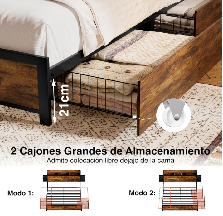 Base de Cama  y Cabecera Queen Size con 2 Cajones, Luces LED, 2 Salidas de CA y 2 USB