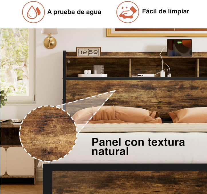 Base de Cama  y Cabecera Queen Size con 2 Cajones, Luces LED, 2 Salidas de CA y 2 USB