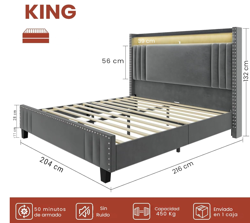 Base de Cama y Cabecera de Terciopelo Gris King Size con Luz LED y Estación De Carga