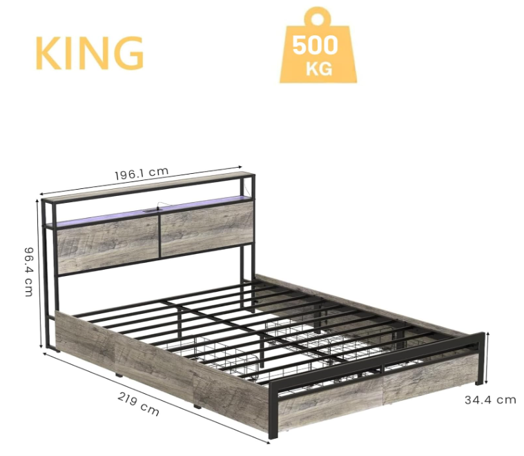 Base Cama King Size Cabecera y Cajones de Almacenamiento