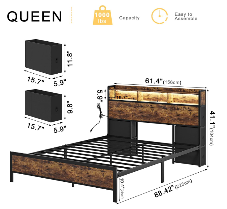 Base de Cama con Cabecera de Estantería y Cajones