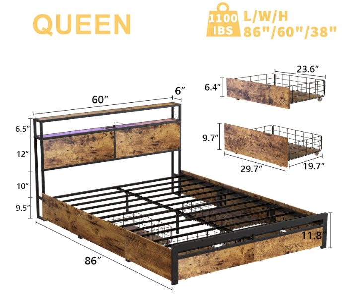 Base de Cama Queen con Cabecera de Almacenamiento y 4 Cajones