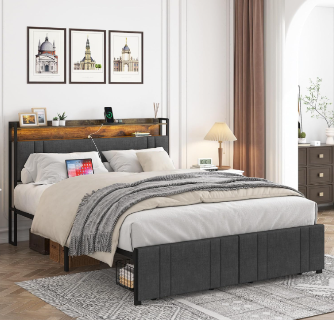 Base de Cama King Size con Cabecera Acolchada con 2 Cajones Frontales