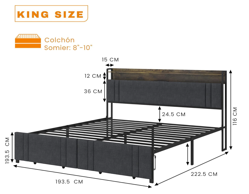 Base de Cama King Size con Cabecera Acolchada con 2 Cajones Frontales