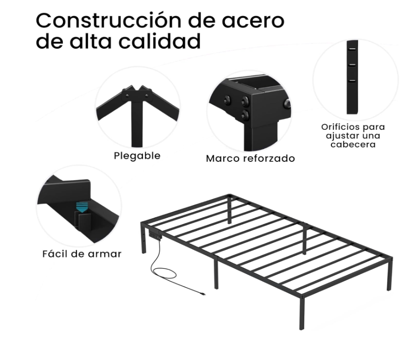 Base Cama Individual con Plataforma 2 Salidas CA y 2 USB