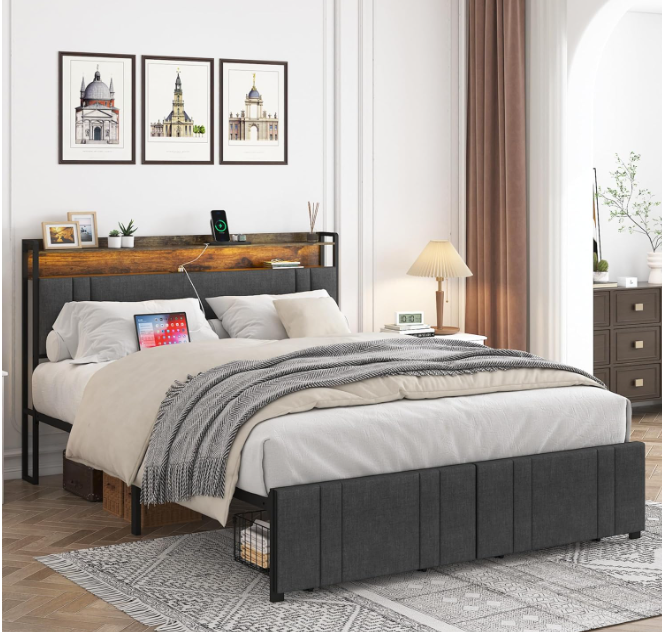 Base y Cabecera Acolchada de Cama Queen Size con 2 cajones Frontales