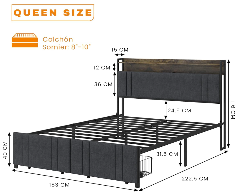 Base y Cabecera Acolchada de Cama Queen Size con 2 cajones Frontales