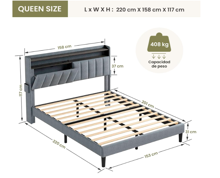 Base de Cama Queen Size con Cabecera de Almacenamiento