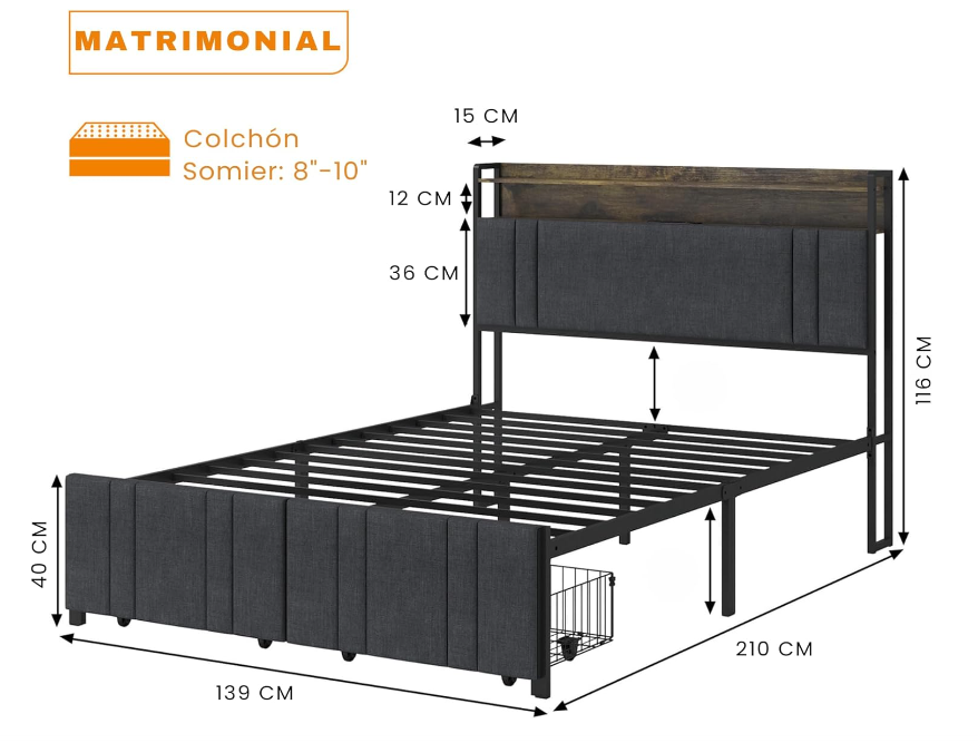 Base y Cabecera Acolchada de Cama Matrimonial con 2 cajones Frontales