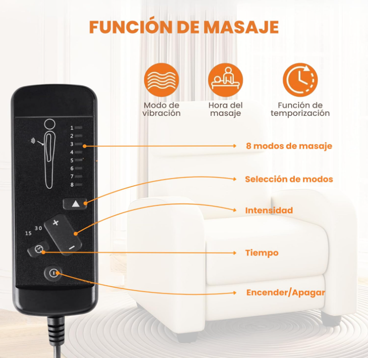 Sillón Individual Reclinable con 8 Modos de Masaje con Soporte Lumbar