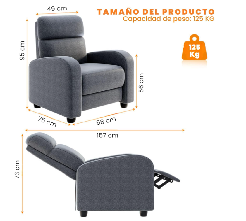 Sillón Gris Individual Reclinable con 8 Modos de Masaje con Soporte Lumbar