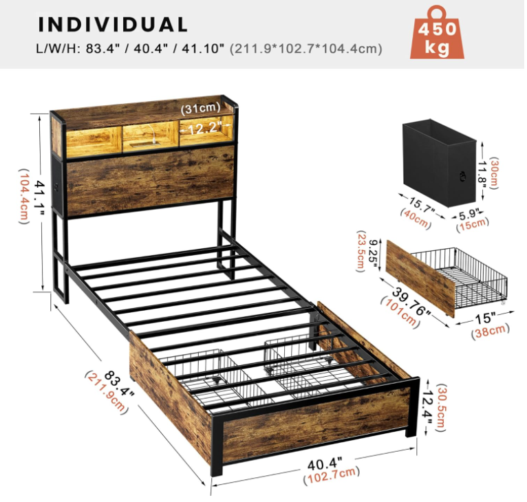 Base y Cabecera para Cama Individual con 2 Cajones Laterales