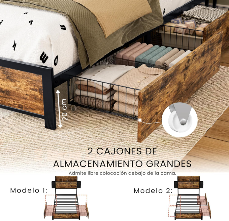 Base y Cabecera para Cama Individual con 2 Cajones Laterales