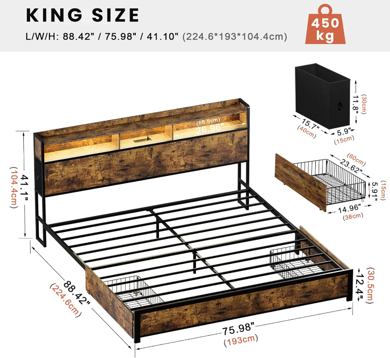 Base y Cabecera para Cama King Size con 2 Cajones Laterales