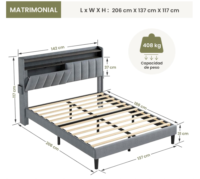 Base y Cabecera de Cama Matrimonial con Luces LED 2 Salidas de CA y 2 Puertos USB