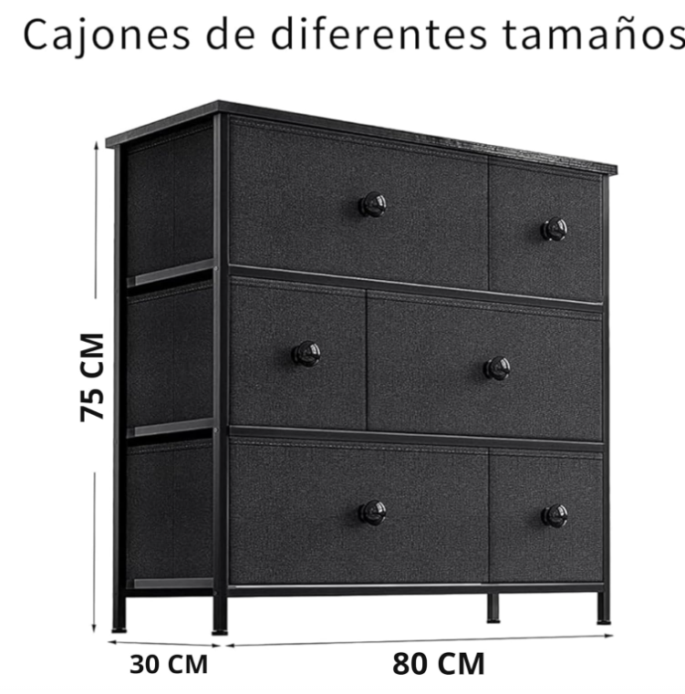 Cómoda Cajonera Negro para Recámara de 6 Cajones de Tela con Parte Superior de Madera