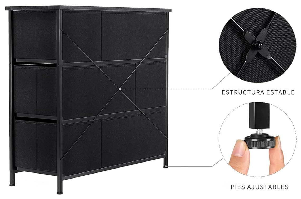 Cómoda Cajonera Negro para Recámara de 6 Cajones de Tela con Parte Superior de Madera