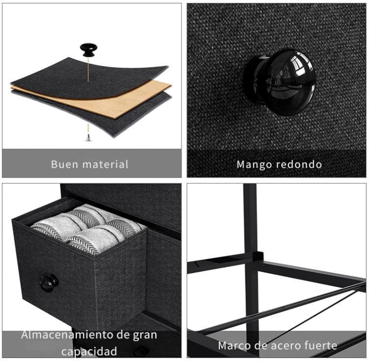 Cómoda Cajonera Negro para Recámara de 6 Cajones de Tela con Parte Superior de Madera