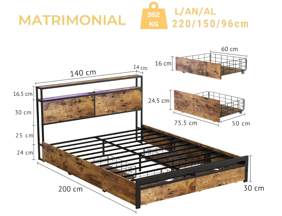 Base y Cabecera de Cama Matrimonial con 4 Cajones de Almacenamiento con Luces LED