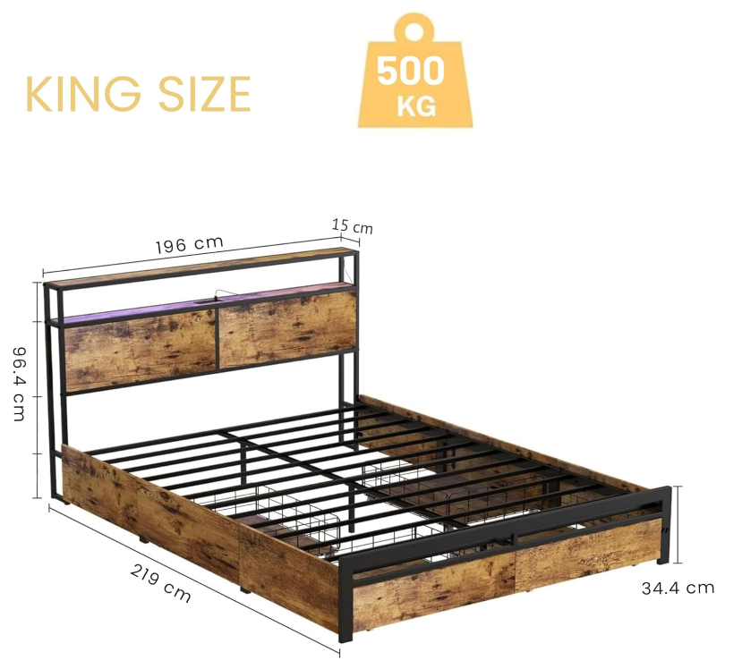 Base y Cabecera de Cama King Size con Cajones de Almacenamiento con Luces LED