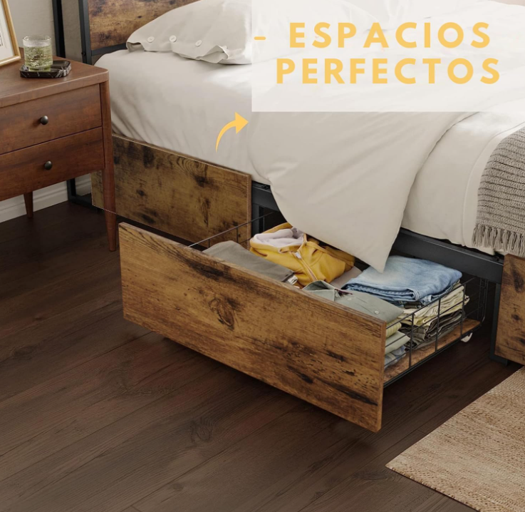 Base y Cabecera de Cama King Size con Cajones de Almacenamiento con Luces LED