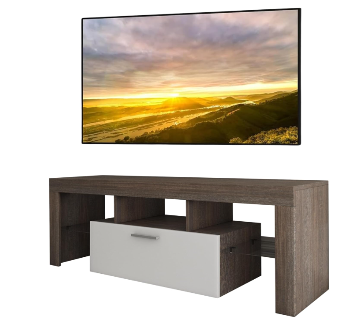 Mueble para TV de 55" con Luz LED Dinámica, Toma de Corriente, Cajón y Estante Organizador de Vidrio