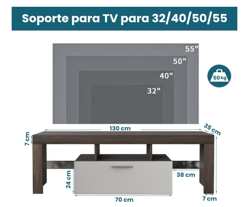 Mueble para TV de 55" con Luz LED Dinámica, Toma de Corriente, Cajón y Estante Organizador de Vidrio