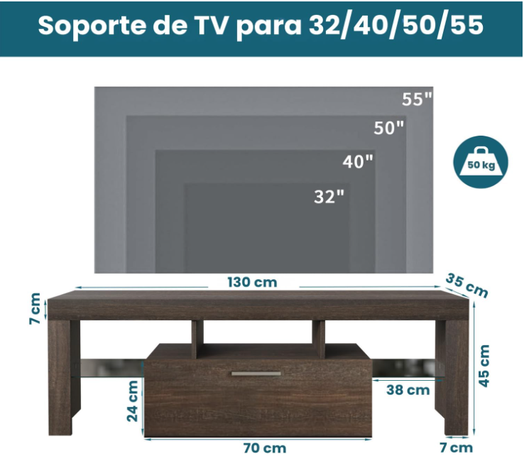 Mueble Marrón para TV de 55" con Luz LED Dinámica, Toma de Corriente, Cajón y Estante Organizador de Vidrio