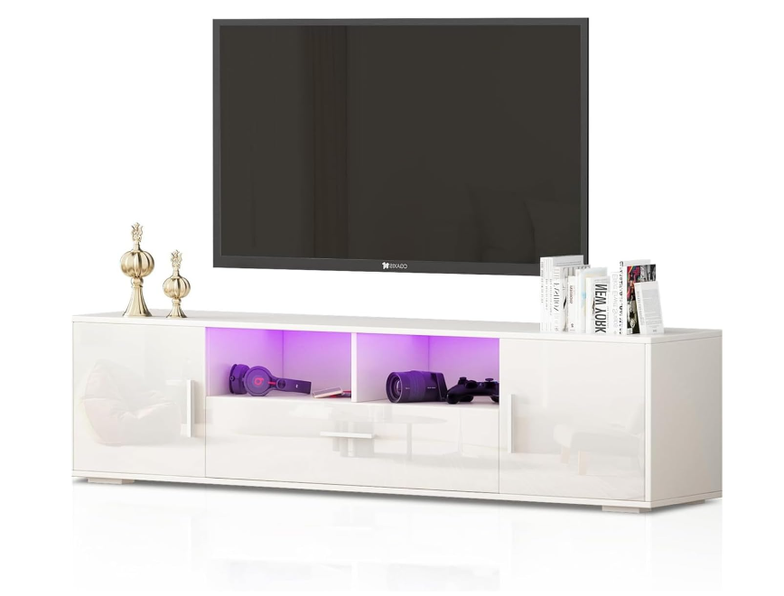 Mueble Blanco para TV 70" con Luz LED Dinámica, Toma de Corriente y Cajones con Bisagra Suave