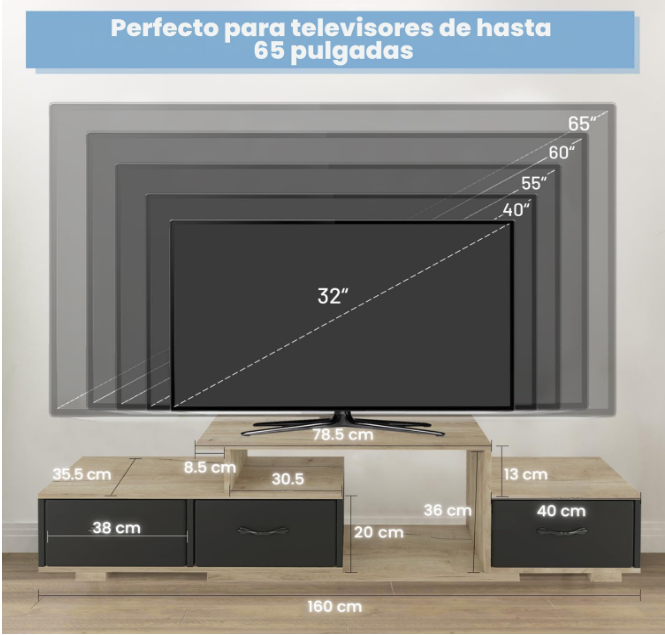 Mueble para TV 65" con 3 Cajones De Tela y Estante Organizador