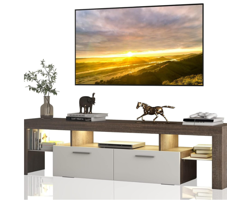 Mueble Marrón para TV 75" con 2 Cajones y Luces LED Dinámicas, Toma De Corriente y Bases de Vidrio Templado