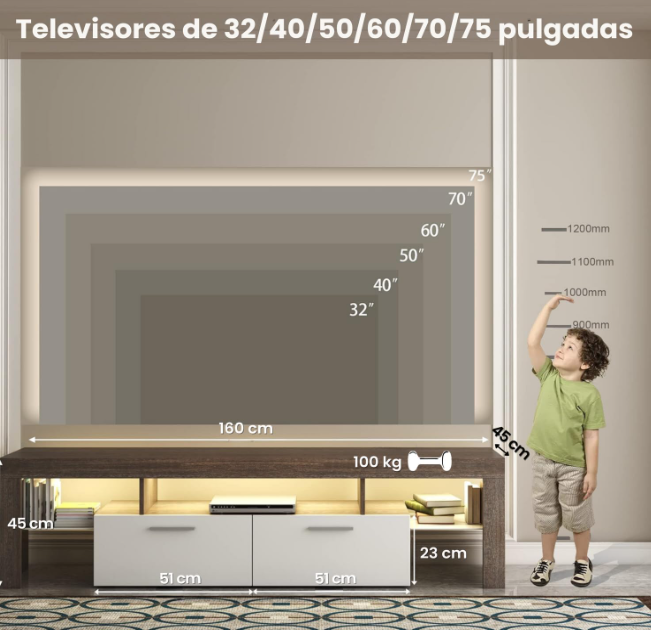 Mueble Marrón para TV 75" con 2 Cajones y Luces LED Dinámicas, Toma De Corriente y Bases de Vidrio Templado