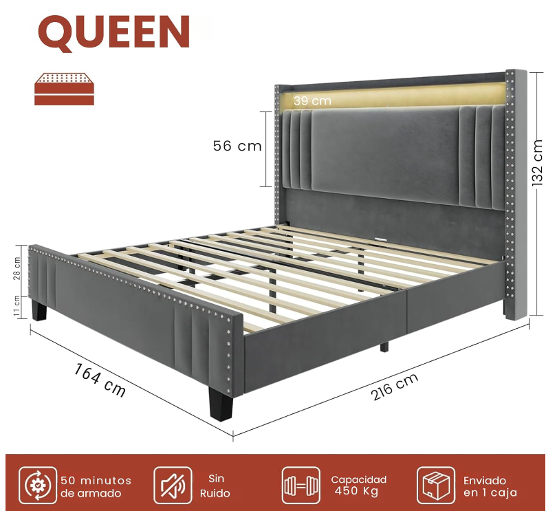 Base de Cama Queen Size con Cabecera Tapizada De Terciopelo Gris y Luz LED  con Estación De Carga