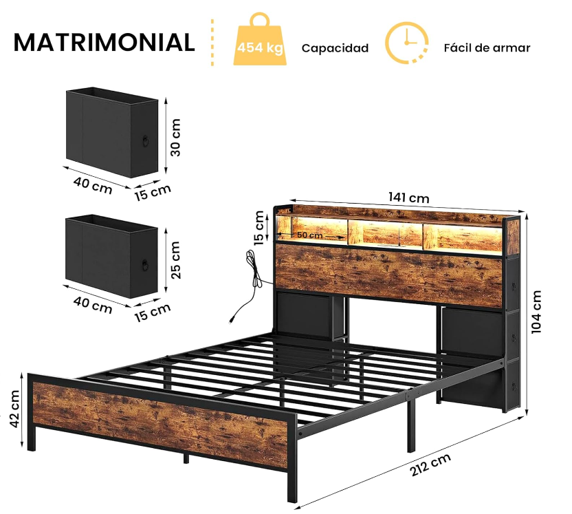 Base y Cabecera Matrimonial con Luces LED, 2 Salidas de CA y 2 USB